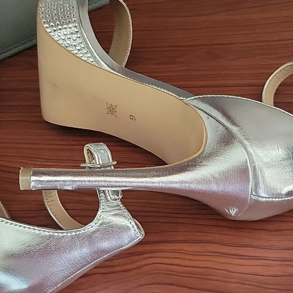 BCBGeneration Silver Bejeweled Ankle Straps Stiletto Heels